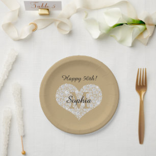 Any Birthday, Diamond Heart, Gold Monogram, Name Paper Plate