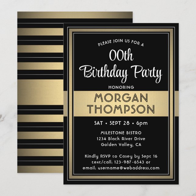 Any Birthday Elegant Black, White and Gold Party Invitation (Front/Back)