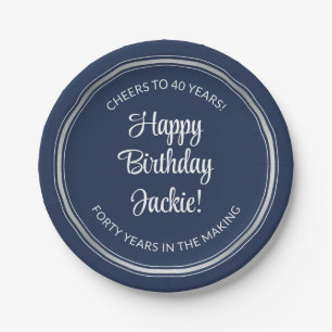 ANY Birthday Elegant Navy Blue White & Faux Silver Paper Plate