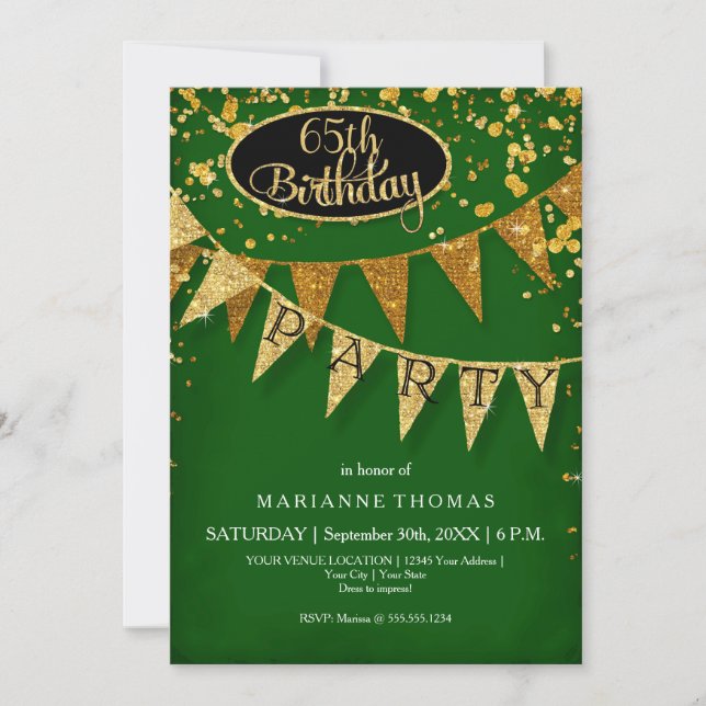 Any Birthday Emerald Gold Pennant Banner Confetti Invitation (Front)