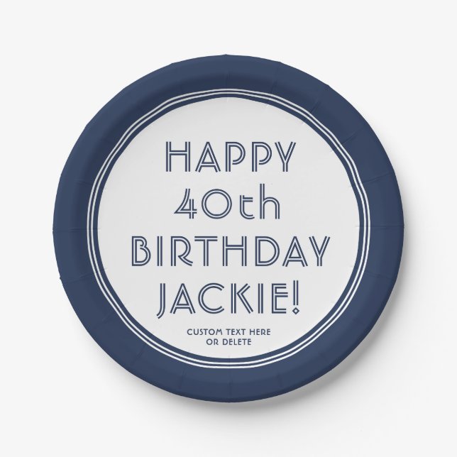 ANY Birthday Modern Navy Blue & White Party Paper Plate (Front)
