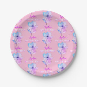 Any Birthday, Name, Pink & Blue Watercolor Flower Paper Plate