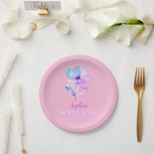 Any Birthday, Name, Pink & Blue Watercolor Flower Paper Plate