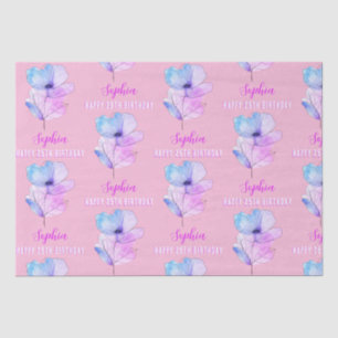 Any Birthday, Name, Pink & Blue Watercolor Flower  Tissue Paper