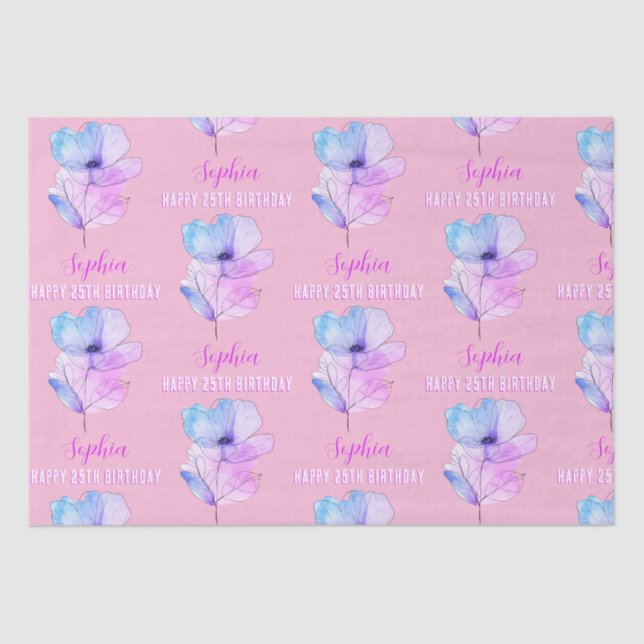 Any Birthday, Name, Pink & Blue Watercolor Flower  Tissue Paper (Front)