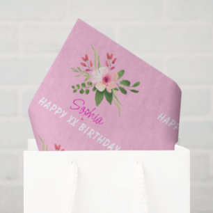 Any Birthday, Name, Pink Watercolor Flower Tissue Paper