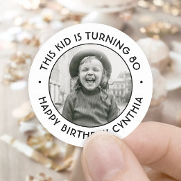 ANY Birthday Party Chic Simple Photo Black & White Classic Round Sticker