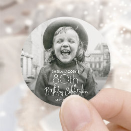 ANY Birthday Party Chic White Typography & Photo Classic Round Sticker