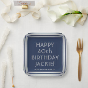 ANY Birthday Party Elegant Navy Blue and Silver Paper Plate