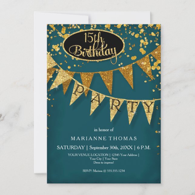 Any Birthday Peacock Blue Gold Confetti Pennant Invitation (Front)