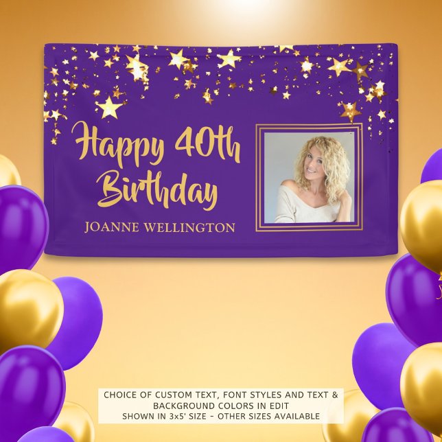 Any Birthday Photo Purple Gold Stars Personalised Banner (Creator Uploaded)