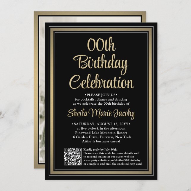 ANY Birthday • Photo & QR Code Black & Gold Party Invitation (Front/Back)