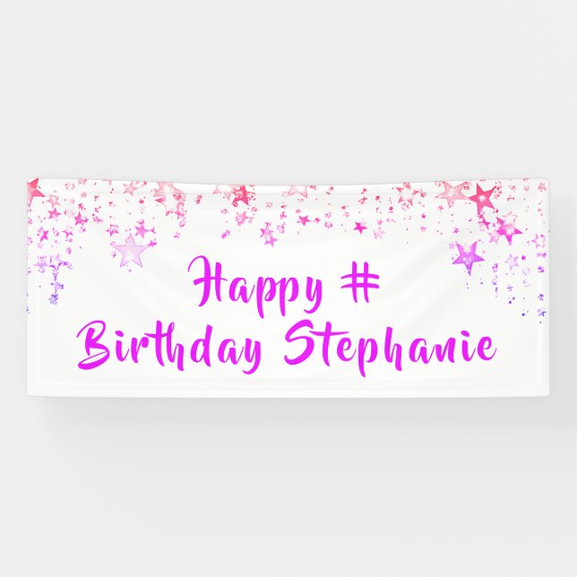Any Birthday Pink Stars Custom Personalised Banner (Horizontal)