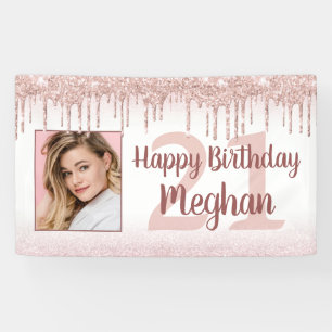 Any Birthday Rose Gold Glitter Drip Sparkle Photo  Banner