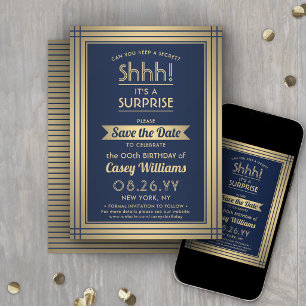 ANY Birthday Surprise Party Navy Blue and Gold Save The Date