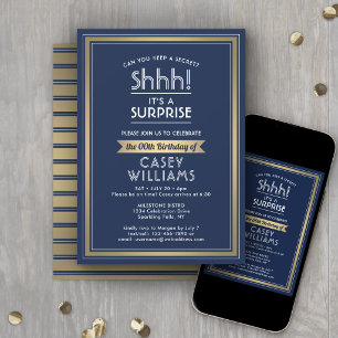 ANY Birthday Surprise Party Navy Blue White & Gold Invitation