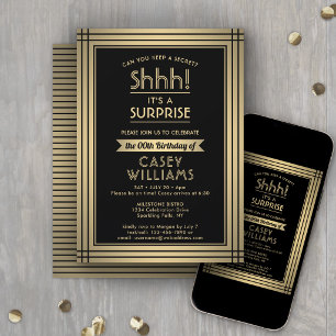 ANY Birthday Surprise Party Shhh! Black and Gold Invitation