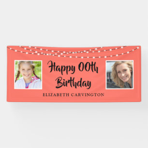 Any Birthday Then & Now Photos String Lights Coral Banner
