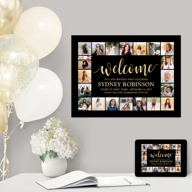 ANY Birthday Welcome 20 Photo Collage Black & Gold Poster (Creator Uploaded)