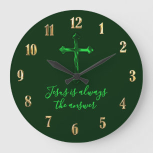 Any Color Green Cross Jesus is always the answer Large Clock