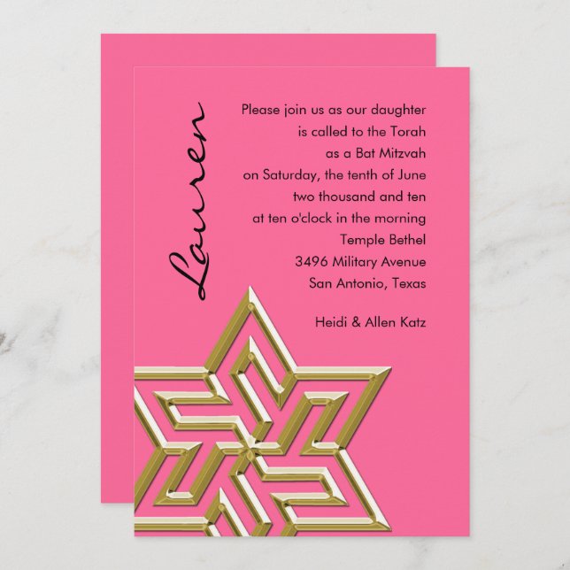 Any Colour Bat Mitzvah Large Gold  Star of David Invitation (Front/Back)