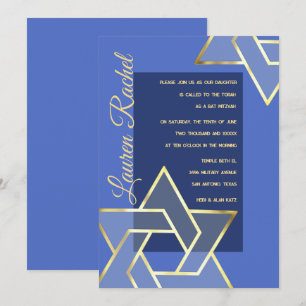 Any Colour Bat Mitzvah Large Gold  Star of David Invitation