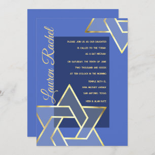 Any Colour Bat Mitzvah Large Gold  Star of David Invitation