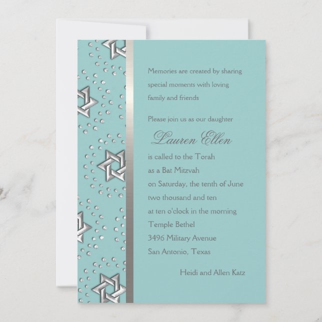 Any Colour Bat Mitzvah Silver Stars of David Invitation (Back)