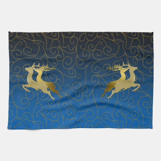 Any Colour Black Ombre Two Gold Reindeer Holiday Tea Towel (Horizontal)