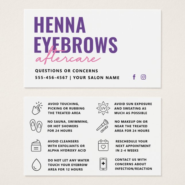 Any Colour Henna Brows Brows Tint  Aftercare Card (Front & Back)