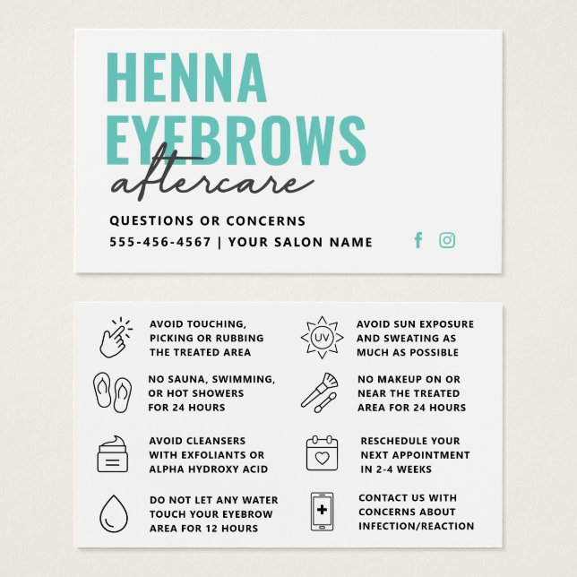 Any Colour Henna Brows Brows Tint  Aftercare Card (Front & Back)