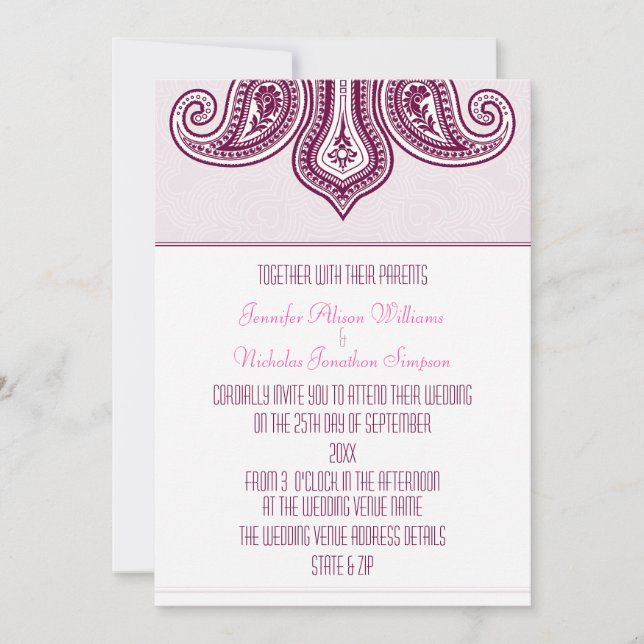 Any Colour Henna Style Paisley Pattern Wedding Invitation (Front)