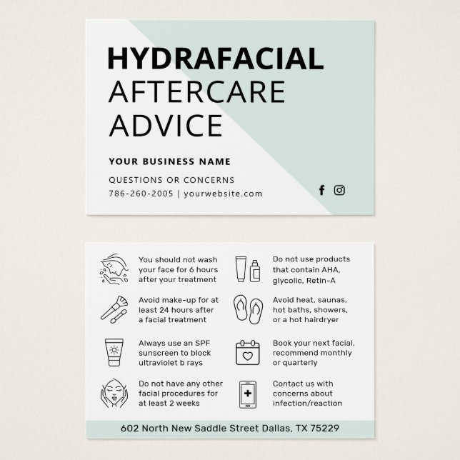 Any Colour HydraFacial Aftercare Instructions Card (Front & Back)