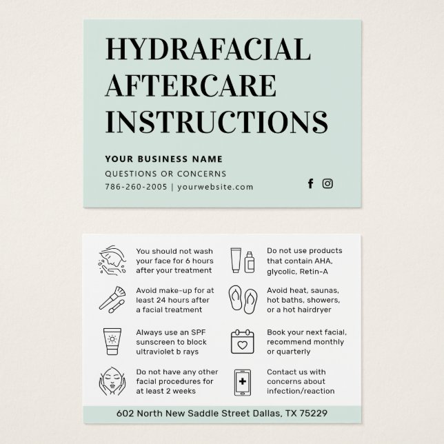 Any Colour HydraFacial Aftercare Instructions Card (Front & Back)