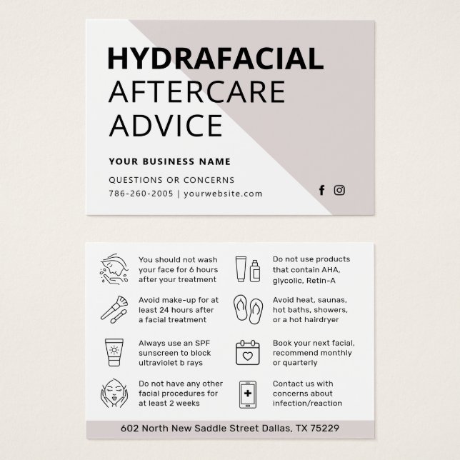 Any Colour HydraFacial Aftercare Instructions Card (Front & Back)