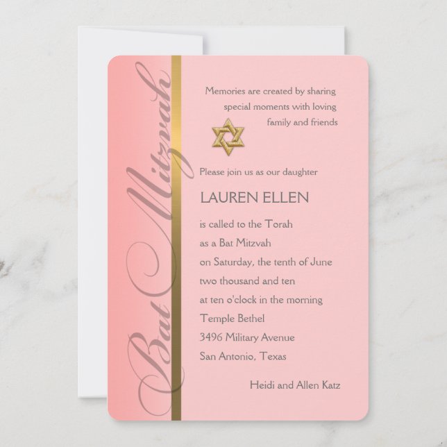 Any Colour Invitation Bat Mitzvah with Coral (Back)