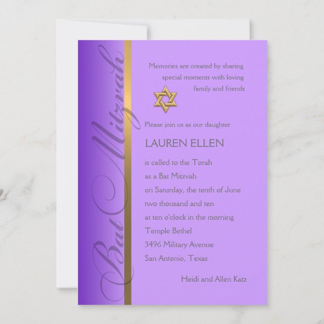Any Colour Invitation Bat Mitzvah with Purple (Back)