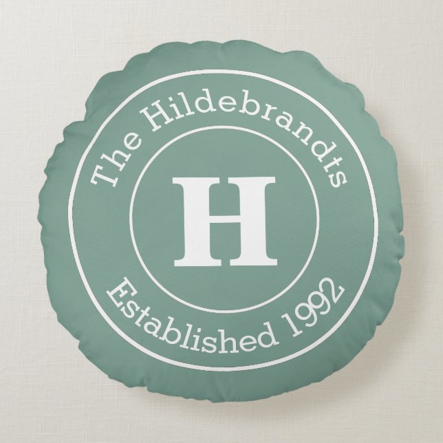 Any Colour Large Monogram Personalised Family Name Round Cushion (Front)