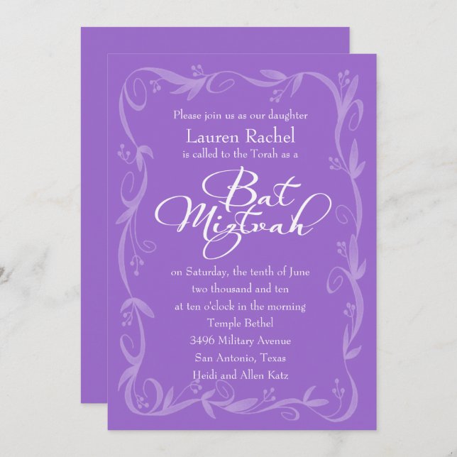 Any Colour Leafy Border Frame Bat Mitzvah Invitation (Front/Back)