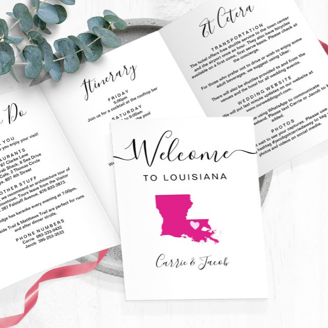 Any Colour Louisiana Map Wedding Welcome Itinerary Tri-Fold Programme (Louisiana Wedding Welcome Itinerary & Letter)