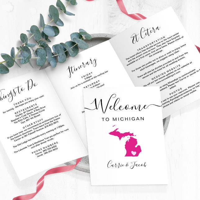 Any Colour Michigan Map Wedding Welcome Itinerary Tri-Fold Programme (Michigan Wedding Welcome Letter & Itinerary)