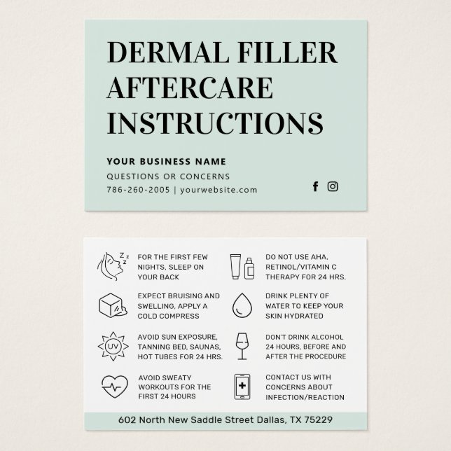 Any Colour Mint Dermal Filler Botox Aftercare Card (Front & Back)