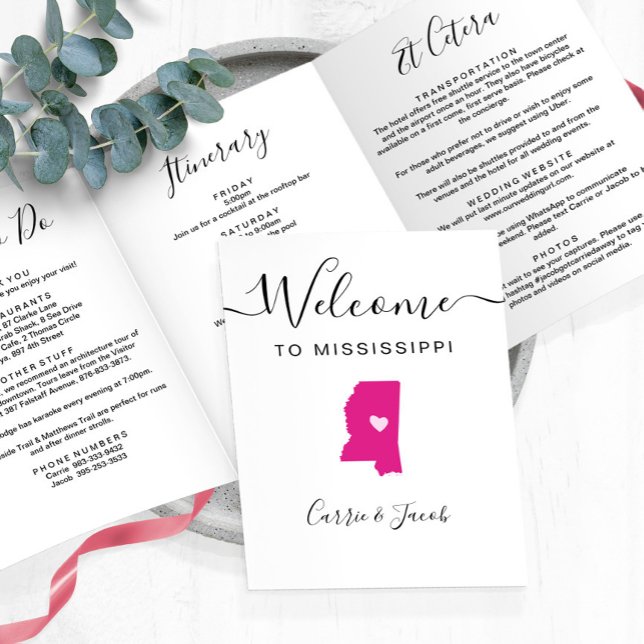 Any Colour Mississippi Wedding Welcome Itinerary Tri-Fold Programme (Mississippi Wedding Welcome Letter & Itinerary)