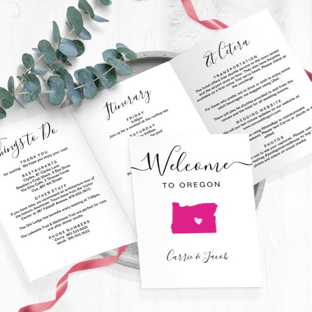 Any Colour Oregon Map Wedding Welcome Itinerary Tri-Fold Programme (Oregon Wedding Welcome Letter & Itinerary
)