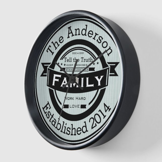 Any Colour Personalised Family Name Retro Style Clock (Angle)