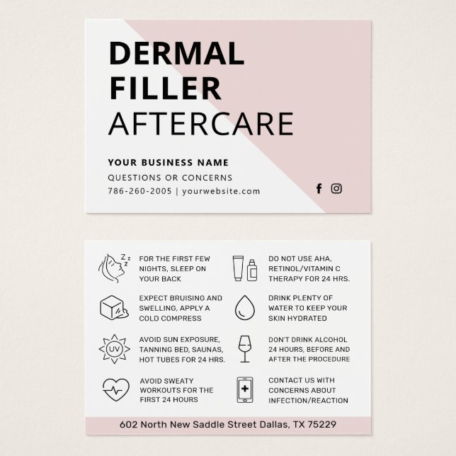 Any Colour Pink Dermal Filler Aftercare Card  (Front & Back)