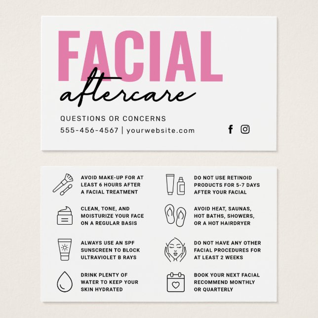 Any Colour Pink Facial Aftercare Instructions Card (Front & Back)