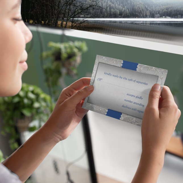 Any Colour Silver Swirl Wedding-shown in Royal Blu RSVP Card (Creator Uploaded)