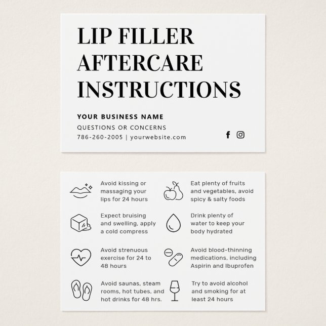 Any Colour Simple Lip Filler Botox Aftercare Card (Front & Back)