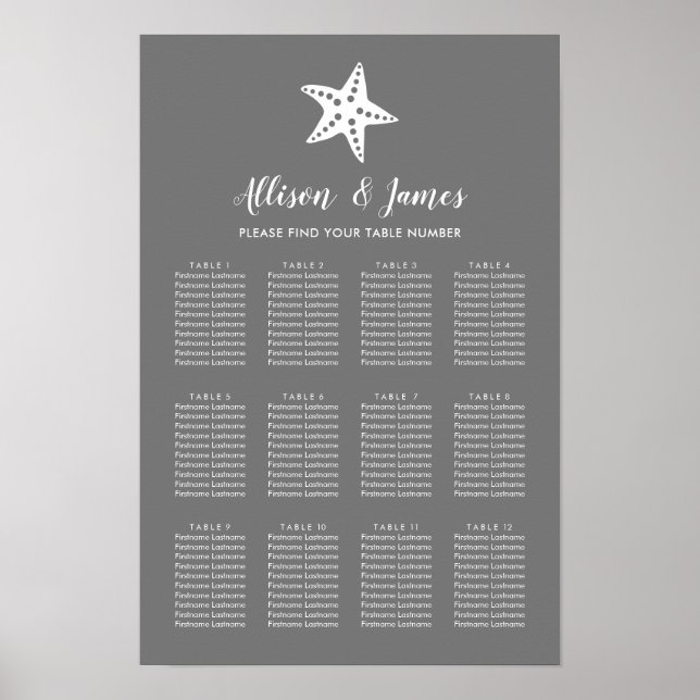 Any Colour Starfish Wedding Seating Chart Sign (Front)